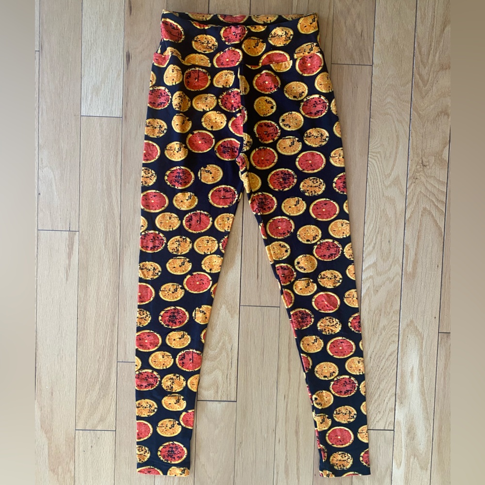 LuLaRoe Black Leggings with Red & Yellow Citrus Print